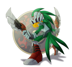 Size: 1280x1195 | Tagged: safe, artist:penthousedragon, jet the hawk, bird, 2022, holding something, knight armor, looking offscreen, male, sir lamorak, smile, solo, weapon