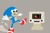 Size: 1800x1200 | Tagged: safe, sonic the hedgehog, hedgehog, anonymous artist, arms out, classic sonic, classic sonic (universe), computer, crossover, don't hug me i'm scared, duo, dust clouds, lineless, looking at each other, male, monitor, mouth open, power sneakers, simple background, standing on one leg