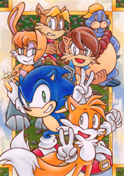 Size: 700x990 | Tagged: safe, artist:tiara-c, antoine d'coolette, bunnie rabbot, miles "tails" prower, nicole the handheld, rotor walrus, sally acorn, sonic the hedgehog, chipmunk, coyote, fox, hedgehog, rabbit, walrus, 2019, female, freedom fighters, group, holding something, looking at viewer, male, pose, ring, smile, smiling at viewer, v sign