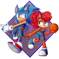 Size: 2000x2000 | Tagged: safe, artist:yoshiyoshi700, sally acorn, sonic the hedgehog, chipmunk, hedgehog, 2021, abstract background, ball, basket, clothes, cosplay, crossover, duo, female, fully clothed, looking at each other, male, sally x sonic, shipping, shorts, space jam, sparkles, sports, straight