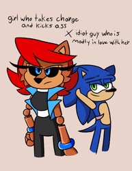Size: 1582x2048 | Tagged: safe, artist:kittytale, sally acorn, sonic the hedgehog, chipmunk, hedgehog, 2026, alternate universe, au:all in (kittytale), duo, english text, female, hands behind head, looking at them, looking offscreen, male, meme, robot, sally x sonic, sally's ringblader outfit, scar, shipping, simple background, smile, smiling at them, standing, straight, wound