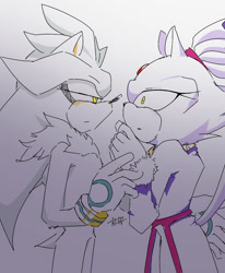 Size: 971x1176 | Tagged: safe, artist:aoshibazakura95, blaze the cat, silver the hedgehog, 2026, blaze x silver, duo, grey background, lidded eyes, looking at each other, looking at them, shipping, simple background, standing, straight