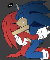 Size: 1165x1416 | Tagged: safe, artist:aoshibazakura95, knuckles the echidna, sonic the hedgehog, 2025, duo, gay, grey background, heart, hugging, kneeling, knuxonic, lidded eyes, shipping, simple background, sitting, smile