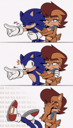 Size: 800x1399 | Tagged: safe, artist:jadepesky, sally acorn, sonic the hedgehog, chipmunk, hedgehog, 2026, animated, duo, english text, facepalm, female, gif, laughing, looking at each other, looking offscreen, male, meme, not amused, pointing, sally x sonic, sally's vest and boots, shipping, simple background, standing, straight