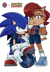 Size: 1423x2048 | Tagged: safe, artist:jadepesky, sally acorn, sonic the hedgehog, chipmunk, hedgehog, 2026, alternate outfit, clothes, crossover, duo, english text, female, france text, fully clothed, holding something, looking at viewer, male, paris saint-germain (soccer team), pose, sally x sonic, shipping, simple background, soccer, soccer ball, soccer outfit, straight, sweatdrop, towel