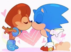 Size: 2048x1516 | Tagged: safe, artist:cerberustheterrible, sally acorn, sonic the hedgehog, chipmunk, hedgehog, 2026, blushing, chibi, cute, duo, dust, female, heart, kiss, male, sally x sonic, sally's vest and boots, shipping, standing, stopping, straight, watermark