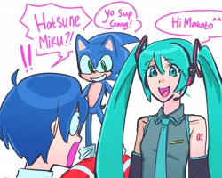 Size: 2048x1638 | Tagged: safe, artist:pico_ritos, sonic the hedgehog, human, 2025, crossover, english text, exclamation mark, hatsune miku, looking at each other, looking at them, mouth open, persona (series), simple background, smile, speech bubble, standing, surprised, trio, vocaloid, white background