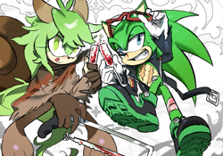 Size: 729x510 | Tagged: safe, artist:or__todd, scourge the hedgehog, oc, blood, duo, glass, grin, holding something, lidded eyes, looking at viewer, saw, smile