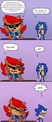 Size: 878x2048 | Tagged: safe, artist:kittytale, sally acorn, sonic the hedgehog, chipmunk, hedgehog, 2026, alternate universe, au:all in (kittytale), comic, dialogue, duo, english text, facepalm, female, looking at each other, looking at them, male, roboticized, sally x sonic, sally's ringblader outfit, scar, shipping, simple background, sitting, speech bubble, straight, table