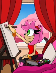 Size: 1583x2048 | Tagged: safe, artist:kittytale, amy rose, hedgehog, 2026, brush, clothes, couch, daytime, drawing, female, holding something, painting, sitting, smile, solo, tree, window