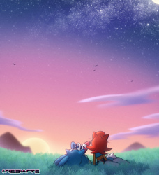 Size: 1184x1298 | Tagged: safe, artist:risziarts, sally acorn, sonic the hedgehog, bird, chipmunk, hedgehog, 2026, cloud, duo, female, grass, grass field, literal animal, looking at star, looking up, lying down, male, moon, mountain, sally x sonic, sally's ringblader outfit, shipping, sitting, star (sky), straight, sun, sunset