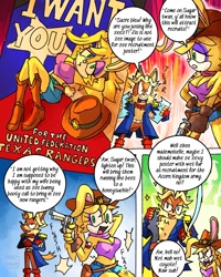 Size: 1080x1350 | Tagged: safe, artist:dorefatum, antoine d'coolette, bunnie rabbot, coyote, rabbit, 2026, angry, buntoine, clothes, comic, dialogue, duo, english text, female, gun, hat, holding something, looking at viewer, male, paper, pose, recruitment poster, revolver, scarf, sexy, shipping, shorts, sparkles, speech bubble, star (symbol), straight, tattoo, tearing paper, texas state, undressing, weapon
