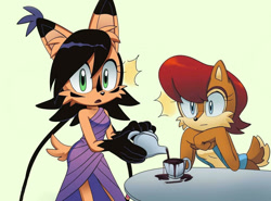 Size: 1280x947 | Tagged: safe, artist:puntyhoot, nicole the hololynx, sally acorn, chipmunk, lynx, 2025, cup, drink, duo, female, green background, holding something, looking at viewer, noticing, pouring, sally's vest and boots, simple background, table, tea, teapot