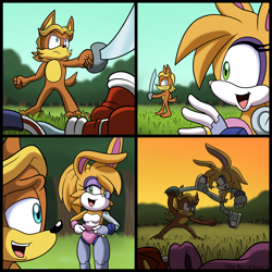 Size: 2100x2100 | Tagged: safe, artist:shadowwalk, antoine d'coolette, bunnie rabbot, coyote, rabbit, 2024, afternoon, buntoine, comic, cybernetic, cyborg, day, duo, female, holding something, male, shipping, straight, sword, undressing, weapon