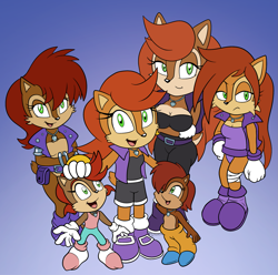 Size: 1817x1801 | Tagged: safe, artist:shadowwalk, sonia acorn, chipmunk, 2024, adult, child, female, group, looking at viewer, necklace, open smile, parent:sally, parent:sonic, parents:sonally, self paradox, smile, smiling at viewer, standing, teenager, wraps
