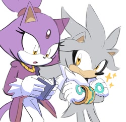 Size: 764x741 | Tagged: safe, artist:giugabs, blaze the cat, silver the hedgehog, cat, hedgehog, 2022, blaze x silver, book, duo, female, holding something, looking at them, male, reading, shipping, simple background, smile, smiling at them, sparkles, straight, white background