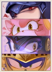 Size: 2600x3592 | Tagged: safe, artist:legochet, amy rose, blaze the cat, nimue, shadow the hedgehog, sonic the hedgehog, cat, hedgehog, sonic and the black knight, 2024, armor, close-up, excalibur sonic, eyes view, female, group, knight armor, looking at viewer, male, quartet, sir lancelot, sir percival