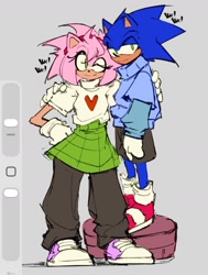 Size: 962x1274 | Tagged: safe, artist:kobuvox, amy rose, sonic the hedgehog, hedgehog, amy x sonic, clothes, duo, female, fully clothed, grey background, hand on hip, looking at viewer, male, shipping, shirts, shoes, shorts, simple background, skirt