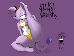 Size: 4000x3000 | Tagged: suggestive, artist:atlasiseebaa, blaze the cat, cat, bikini, golden bikini, licking, purple background, signature, simple background, tail, thick thighs, watermark