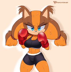 Size: 1913x1926 | Tagged: safe, artist:byghosteduard, sticks the badger, boxing gloves, female, lidded eyes, looking at viewer, smile, smiling at viewer, solo, sweat