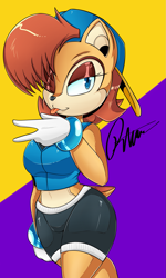 Size: 1201x2007 | Tagged: safe, artist:therenegayde, sally acorn, chipmunk, 2015, artist signature, cap, female, hat, looking at viewer, pose, sally's ringblader outfit, simple background, solo, tongue out, wink