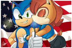 Size: 1700x1145 | Tagged: safe, artist:therenegayde, sally acorn, sonic the hedgehog, chipmunk, hedgehog, 2015, 4th of july, american flag, country flag, duo, female, fireworks, holding something, hugging, kiss, kiss on cheek, looking at viewer, male, sally x sonic, sally's ringblader outfit, shipping, smile, smiling at viewer, straight, thumbs up