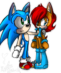 Size: 1000x1200 | Tagged: safe, artist:ace-the-artist, sally acorn, sonic the hedgehog, chipmunk, hedgehog, 2015, blushing, duo, female, hand on another's shoulder, looking at them, looking offscreen, male, sally x sonic, sally's vest and boots, shipping, shy, standing, straight, transparent background