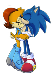 Size: 643x914 | Tagged: safe, artist:risziarts, sally acorn, sonic the hedgehog, chipmunk, hedgehog, 2015, duo, eyes closed, female, hugging, male, sally x sonic, sally's vest and boots, shipping, smile, straight, transparent background