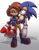 Size: 900x1145 | Tagged: safe, artist:dawnbest, sally acorn, sonic the hedgehog, chipmunk, hedgehog, 2012, carrying them, duo, female, gradient background, looking at each other, male, sally x sonic, sally's vest and boots, shadow (lighting), shipping, smile, smiling at each other, standing, straight, white background