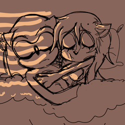 Size: 1280x1280 | Tagged: suggestive, artist:simplykatastrophic23, sally acorn, sonic the hedgehog, chipmunk, hedgehog, 2025, bed, bedroom, blanket, duo, female, hugging, male, naked, pillow, sally x sonic, shadow (lighting), shipping, sketch, sleeping, straight, sunlight