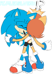 Size: 800x1127 | Tagged: safe, artist:xliquidsilverx, sally acorn, sonic the hedgehog, chipmunk, hedgehog, 2014, duo, exclamation mark, female, happy, hugging, male, question mark, sally x sonic, sally's ringblader outfit, shipping, simple background, straight, tears, tears of happiness, white background