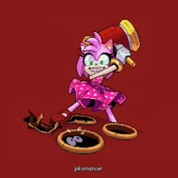 Size: 1263x1263 | Tagged: safe, artist:pikomancer, amy rose, female, grin, holding something, looking at something, looking down, piko piko hammer, red background, simple background, smile