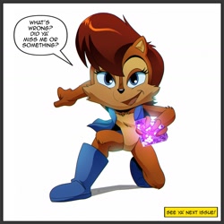 Size: 1440x1440 | Tagged: safe, artist:mistajonz, sally acorn, chipmunk, 2026, chaos emerald, dialogue, english text, female, holding something, looking at viewer, sally's vest and boots, simple background, solo, sonic satam, speech bubble, white background