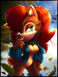 Size: 1536x2048 | Tagged: safe, artist:prismrosesss, sally acorn, chipmunk, 2024, daytime, falling leaf, female, leaf, looking offscreen, pose, sally's vest and boots, solo, sunlight, tree