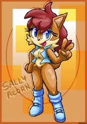 Size: 2867x4096 | Tagged: safe, artist:anoerstheawe, sally acorn, chipmunk, 2026, abstract background, character name, english text, female, hand on hip, looking at viewer, mouth open, open smile, sally's vest and boots, smile, smiling at viewer, solo, standing, v sign