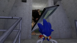 Size: 1920x1080 | Tagged: safe, artist:greatwhite studios, sonic the hedgehog, hedgehog, 3d, dinosaur, doorway, duo, falling, indoors, screencap