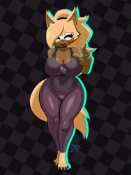 Size: 3087x4096 | Tagged: safe, artist:bluwizard, whisper the wolf, wolf, arm behind back, checkered background, female, solo