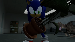 Size: 1920x1080 | Tagged: safe, artist:greatwhite studios, sonic the hedgehog, hedgehog, 3d, dinosaur, duo, holding something, indoors, office, plant, plant pot, screencap