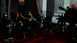 Size: 1920x1080 | Tagged: safe, artist:greatwhite studios, charmy bee, miles "tails" prower, shadow the hedgehog, silver the hedgehog, sonic the hedgehog, vector the crocodile, bee, crocodile, fox, hedgehog, 3d, group, indoors, screencap, shadow (lighting)