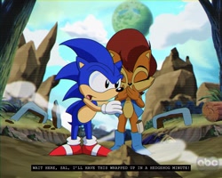 Size: 4096x3277 | Tagged: safe, artist:mistajonz, sally acorn, sonic the hedgehog, chipmunk, hedgehog, 2026, abc (tv channel), classic sonic, covering mouth, daytime, dialogue, duo, english text, sally's vest and boots, sonic satam, vhs filter