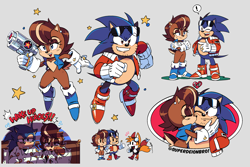 Size: 3000x2000 | Tagged: safe, artist:superdeionbro, miles "tails" prower, sally acorn, sonic the hedgehog, chipmunk, fox, hedgehog, 2025, alternate universe, bed, blanket, clothes, duo, english text, exclamation mark, eyes closed, female, heart, holding something, jacket, kiss, kiss on cheek, male, pajamas, pillow, pistol, redesign, running, sally x sonic, sally's vest and boots, shadow (lighting), shipping, speech bubble, standing, star (symbol), straight, thumbs up, trio, waking up, weapon, wink