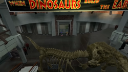 Size: 1920x1080 | Tagged: safe, artist:greatwhite studios, miles "tails" prower, silver the hedgehog, sonic the hedgehog, fox, hedgehog, 3d, banner, dinosaur, from above, indoors, looking offscreen, looking up, screencap, skeleton, trio