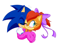 Size: 870x690 | Tagged: safe, artist:risziarts, sally acorn, sonic the hedgehog, chipmunk, hedgehog, 2020, alternate outfit, blushing, bowtie, clothes, duo, eyes closed, female, grin, hugging, looking offscreen, male, sally x sonic, shipping, smile, straight, sweatdrop, transparent background, valentine's day