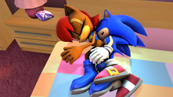 Size: 1920x1080 | Tagged: safe, artist:splatfoon, sally acorn, sonic the hedgehog, chipmunk, hedgehog, 2017, 3d, bed, bedroom, chaos emerald, duo, female, hugging, indoors, male, sally x sonic, sally's ringblader outfit, shipping, sleeping, source filmmaker, straight