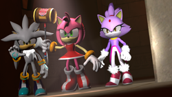 Size: 1920x1080 | Tagged: safe, artist:splatfoon, amy rose, blaze the cat, silver the hedgehog, cat, hedgehog, 2014, 3d, alley, building, female, holding something, light, looking offscreen, male, nighttime, piko piko hammer, source filmmaker, trio, weapon