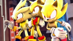 Size: 1920x1080 | Tagged: safe, artist:splatfoon, shadow the hedgehog, silver the hedgehog, sonic the hedgehog, super shadow, super sonic, hedgehog, 2017, 3d, building, fight, fighting pose, japanese text, looking at viewer, male, nighttime, pose, source filmmaker, super form, super silver, trio