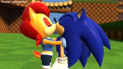 Size: 2048x1155 | Tagged: safe, artist:apoc-hedgie, artist:hyperchaotix, artist:jackydik, artist:randomtbush, artist:thomasinkling, sally acorn, sonic the hedgehog, chipmunk, hedgehog, green hill zone, 2022, 3d, daytime, duo, female, gmod, hugging, kiss, male, sally x sonic, sally's ringblader outfit, shipping, straight
