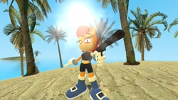 Size: 1920x1080 | Tagged: safe, artist:yuiikale2, sally acorn, chipmunk, 2020, 3d, aiming, daytime, female, gun, holding something, island, looking at viewer, palm tree, pistol, sally's ringblader outfit, solo, source filmmaker, sun, sunlight, tree, weapon