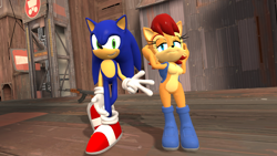 Size: 1920x1080 | Tagged: safe, artist:yuiikale2, sally acorn, sonic the hedgehog, chipmunk, hedgehog, 2021, 3d, ak-47, assault rifle, building, duo, female, gun, looking at viewer, male, pose, sally x sonic, sally's vest and boots, shipping, source filmmaker, standing, straight, team fortress 2, weapon