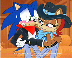 Size: 1248x1000 | Tagged: suggestive, artist:classicsonicsatam, sally acorn, sonic the hedgehog, chipmunk, hedgehog, 2025, barn, blushing, bra, building, clothes, cowboy outfit, dialogue, duo, english text, female, hat, indoors, jacket, male, pants, sally x sonic, scarf, shipping, shirt, straight, tongue out, vhs filter